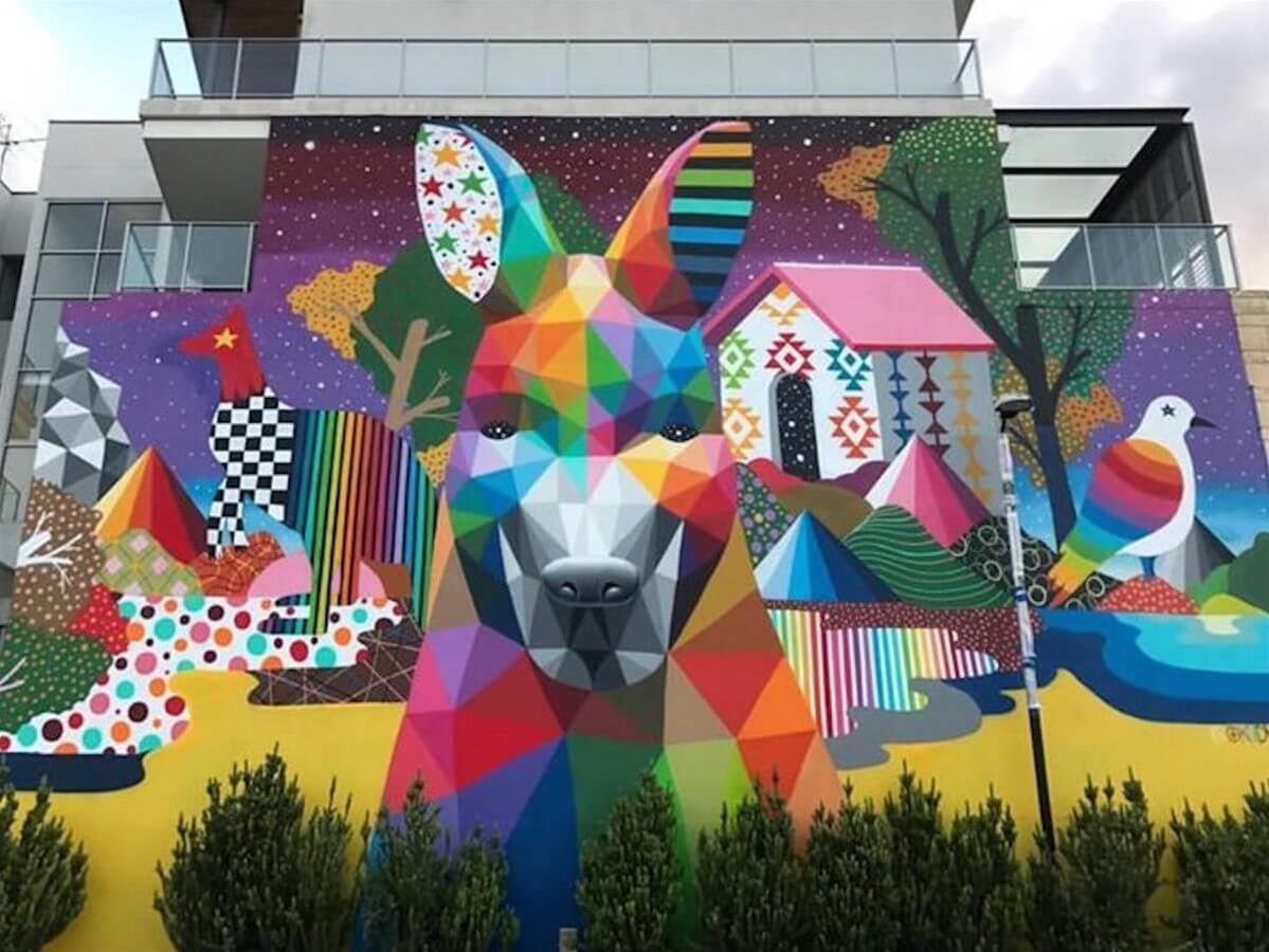 a colourful mural of a kangaroo on a Subiaco wall by Okudart